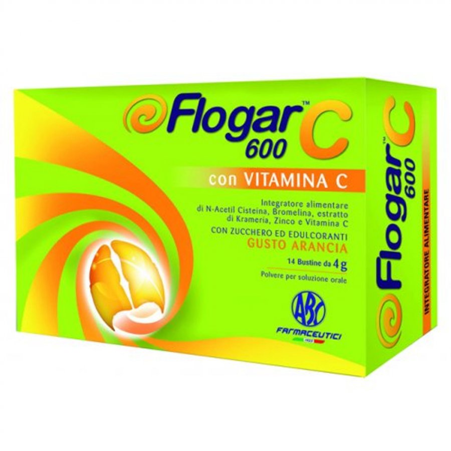 Flogar C 600 14 Bustine Gusto Arancia - Integratore Alimentare di N-Acetil Cisteina, Bromelina, Krameria, Zinco e Vitamina C