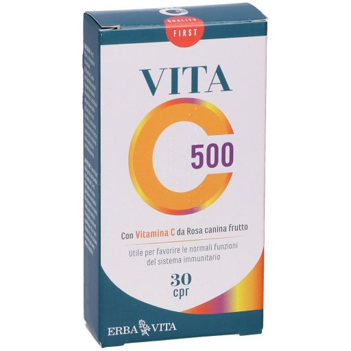 Vita C 500, Erba Vita – 30 Compresse, Vitamina C con Rosa Canina, Supporto Immunitario, Antiossidante