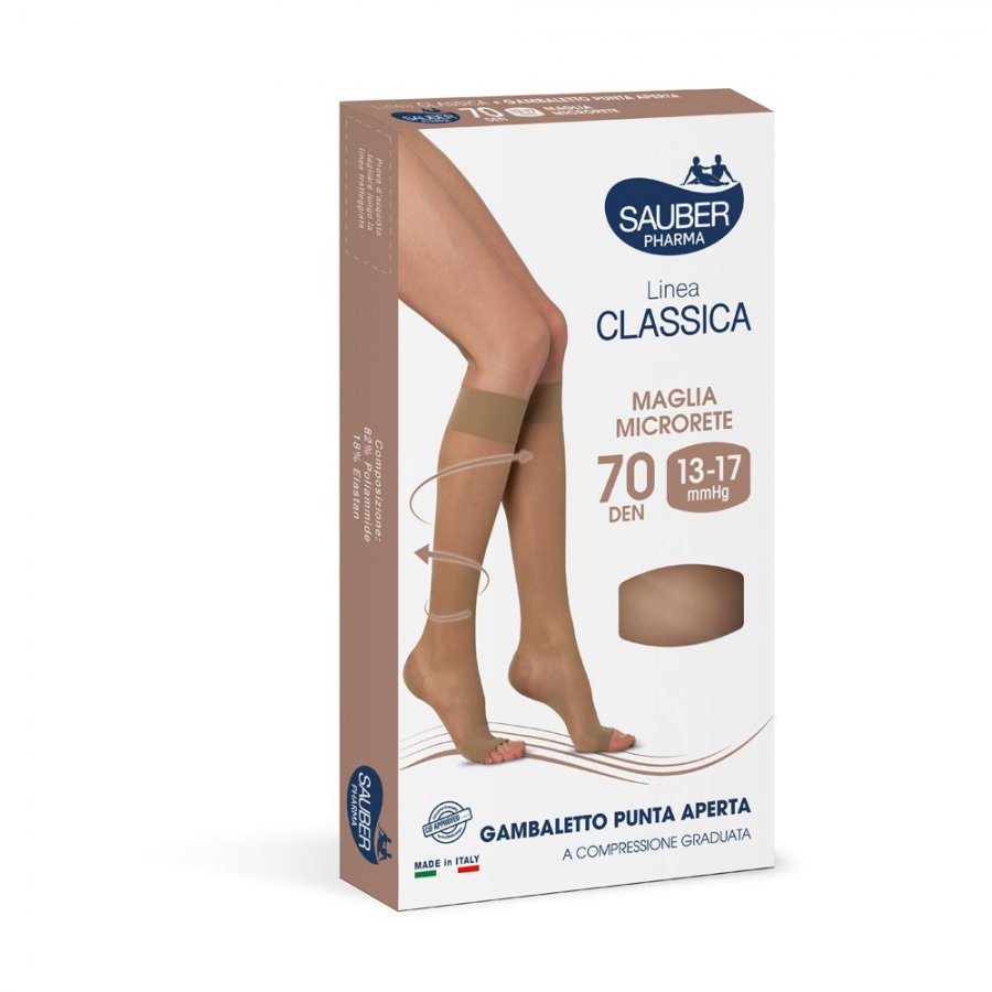 Sauber Gambaletto Open Toe, Maglia Microrete 70 Den, Colore Neutro Beige, Taglia 4, Compressione Estiva