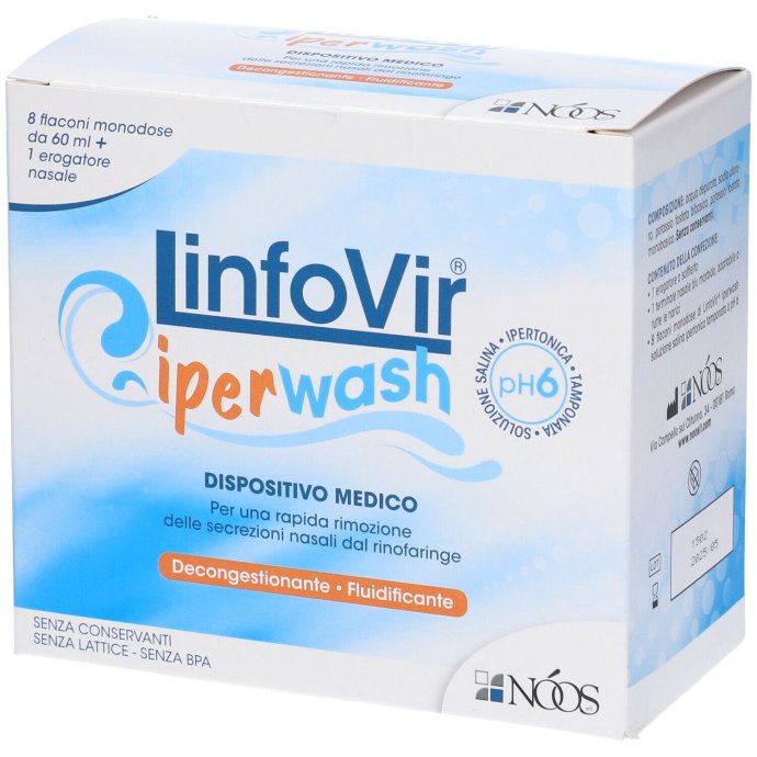 Linfovir Iperwash Soluzione Salina Ipertonica Tamponata, 8 Flaconi + Erogatore – Decongestionante Nasale