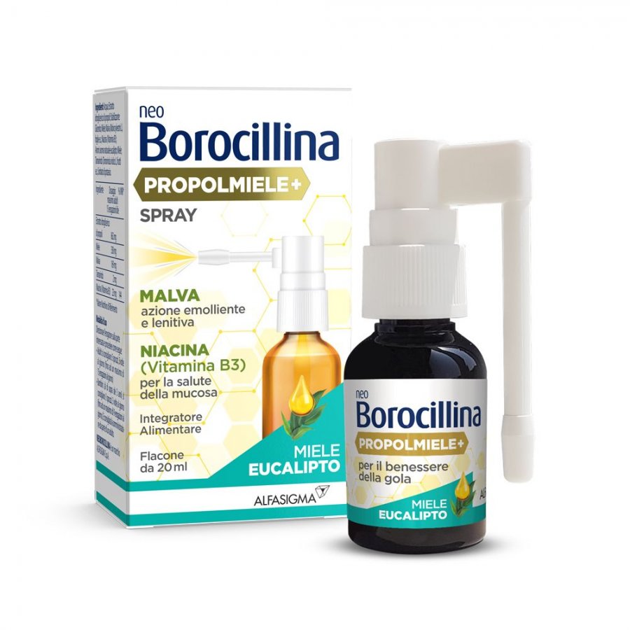 Neoborocillina - Propolmiele Spray 20ml Gusto Miele ed Eucalipto - Rimedio Naturale per la Gola