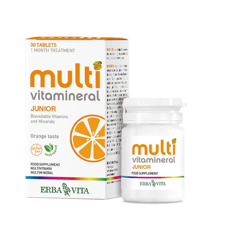 Erba Vita Multivitamineral Junior 30 Compresse - Integratore alimentare multivitaminico-multiminerale al gusto arancia per bambini e ragazzi dai 6 ai 12 anni