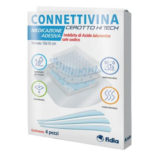 Connettivina Cerotto Hi Tech 10x10 cm – Acido Ialuronico per Ferite, Abrasioni, 4 Pezzi