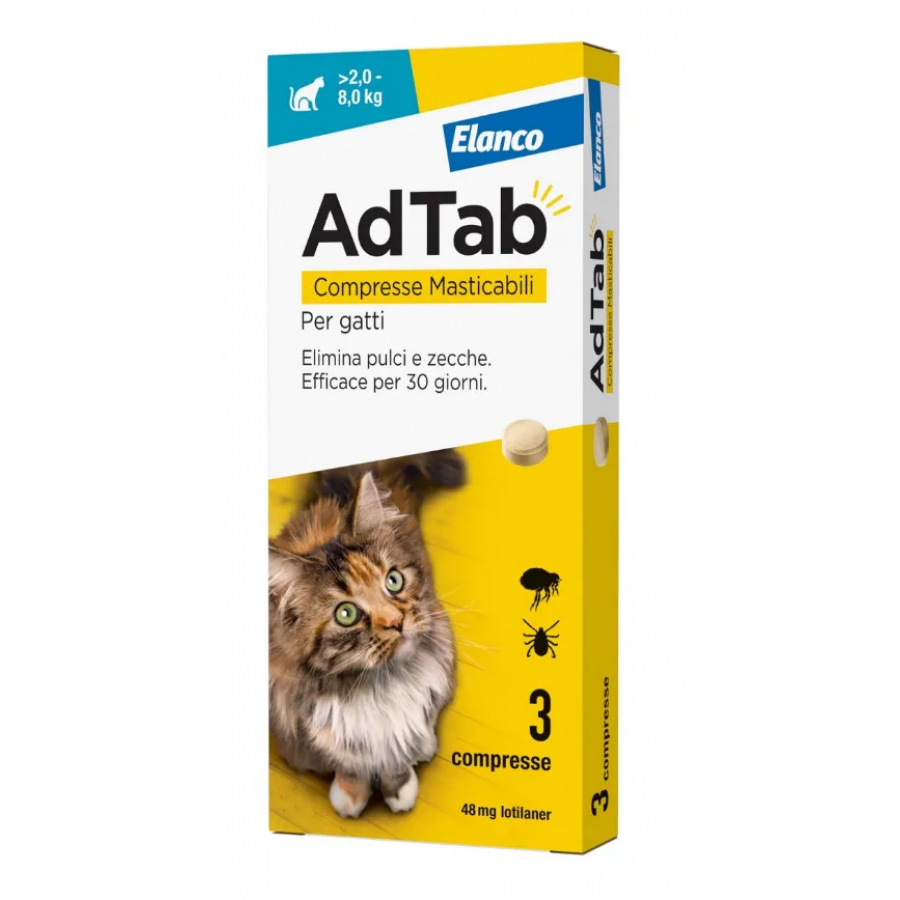 AdTab 3 Compresse Masticabili per Gatti 2,0-8,0 kg - Protezione Antiparassitaria per 30 Giorni