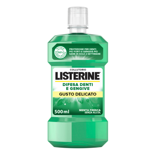 Listerine Collutorio Difesa Denti e Gengive Gusto Delicato, Zero Alcol, Tripla Azione, 500ml