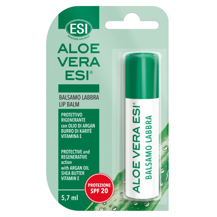 ESI Aloe Vera Gel Balsamo Labbra, Stick 5,7ml, Idratante e Protettivo SPF 20, Aloe Vera, Olio di Argan, Burro di Karité