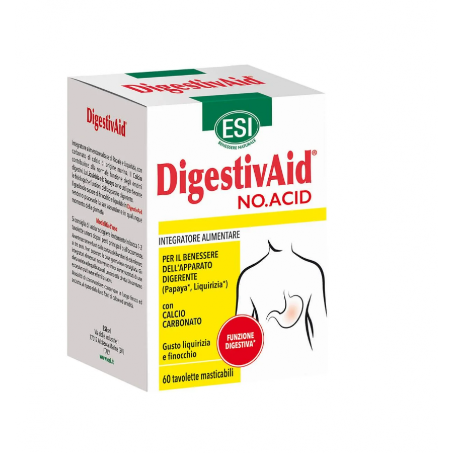 ESI Digestivaid No.Acid, Integratore per Apparato Digerente, 60 Tavolette, Papaia, Liquirizia, Calcio