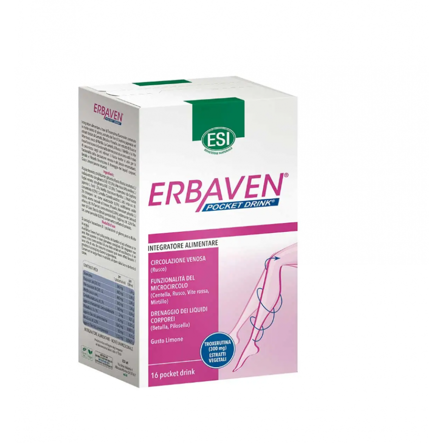 ESI Erbaven Integratore da Bere Drenante per Gambe Gonfie e Pesanti, 16 Stick - Sollievo e Microcircolazione