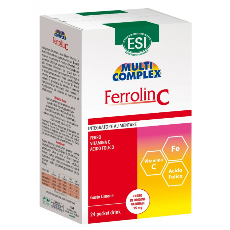 ESI Ferrolin C Pocket Drink, Ferro, Vitamina C e Acido Folico, 24 Pocket Drink - Combatti la Stanchezza