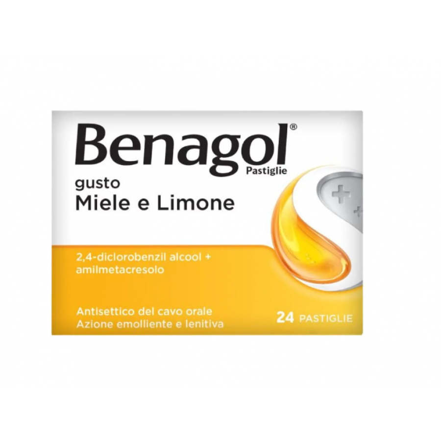 Benagol Pastiglie Gusto Miele e Limone, Antisettico Cavo Orale, 24 Pastiglie, Mal di Gola, Antibatterico, Gola Irritata