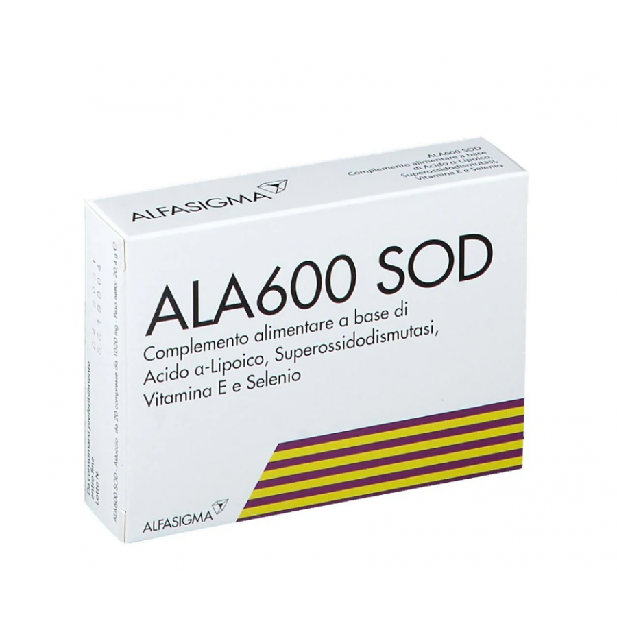 Alfasigma Ala600 SOD, Integratore Antiossidante, 20 Compresse - Acido Alfa-Lipoico, Selenio e Vitamina E per la Protezione Cellulare