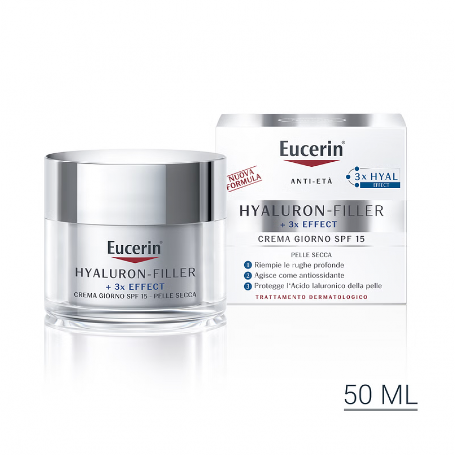 Eucerin Hyaluron Filler +3x Effect Crema Giorno SPF15 per Pelle Secca, 50ml – Trattamento Anti-Età con Acido Ialuronico e Protezione Solare