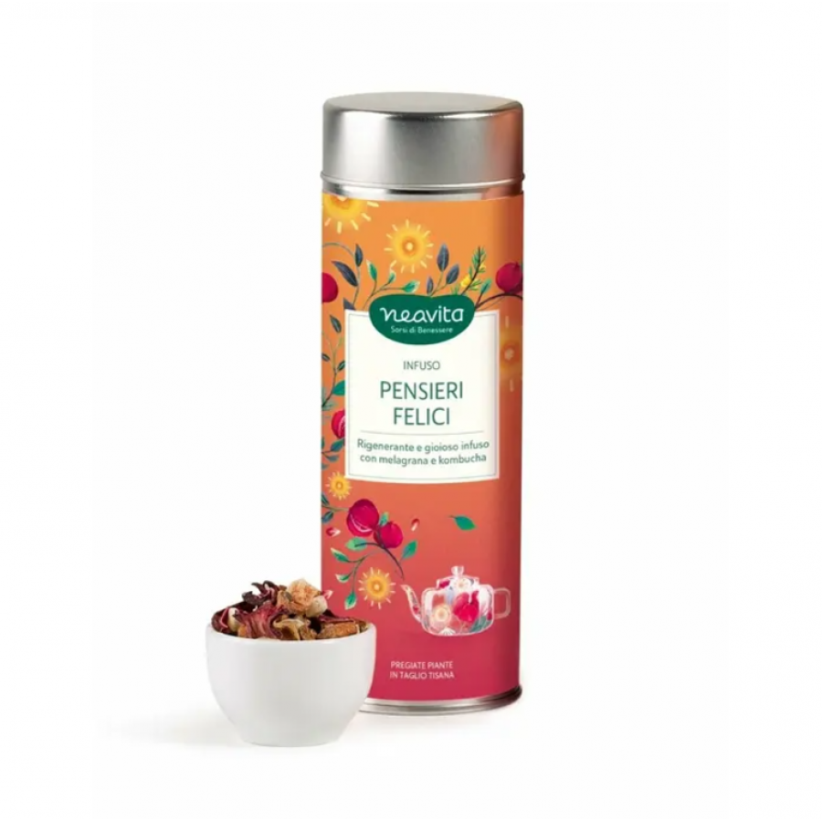 Neavita Tisana Pensieri Felici Silver Tin 90g, Infuso con Melagrana e Kombucha, Tisana Rigenerante, Tè Frutti Rossi