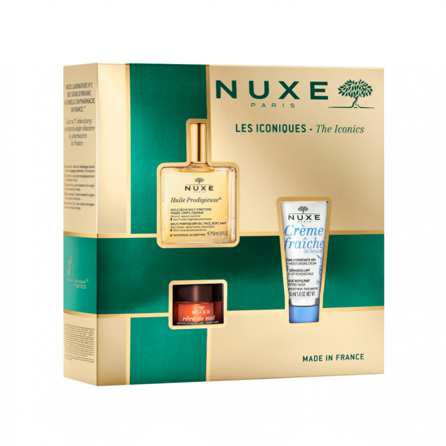 Nuxe Cofanetto Gli Iconici, 50ml Huile Prodigieuse, 15g Balsamo Labbra, 30ml Crema Viso, Regalo Bellezza, Idratazione Lunga Durata