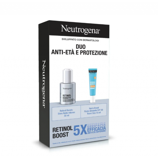 Neutrogena Cofanetto Anti-Età e Protezione, Retinol Boost + Siero Notte Intenso 30ml + Hydro Boost Fluido Idratante SPF 50 15ml - Trattamento Anti-Age e Protezione Solare