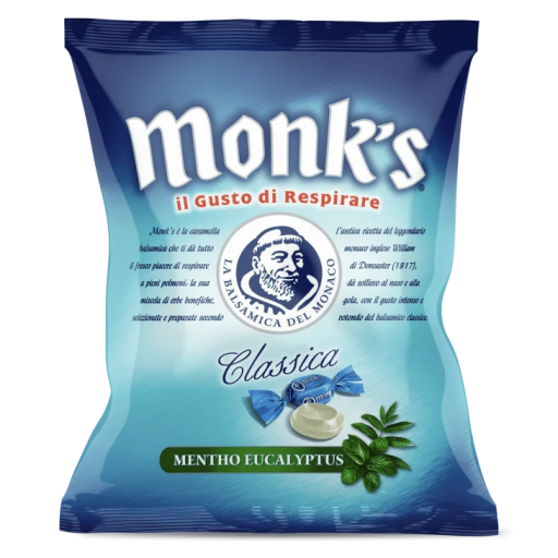 Caramelle Monk's Classic Menta/Eucalipto 100 g – Sollievo Naturale per Tosse, Raffreddore e Mal di Gola