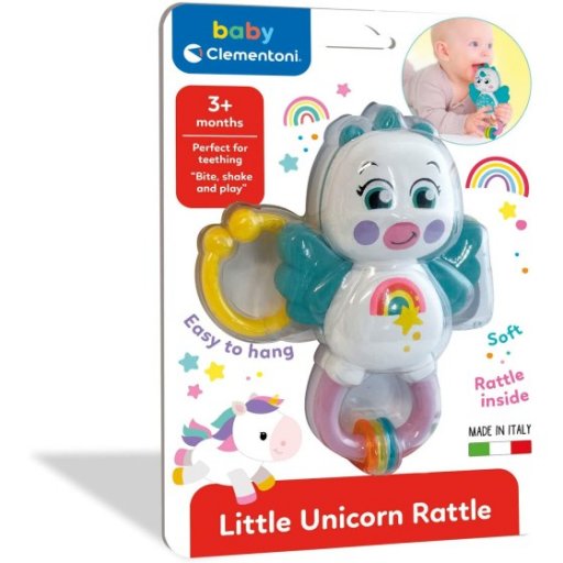 Clementoni Rattles Teething Unicorn, Sonaglio per Dentizione Neonati, Giocattolo Sicuro 3+ Mesi, Stimolante Uditivo e Tattile