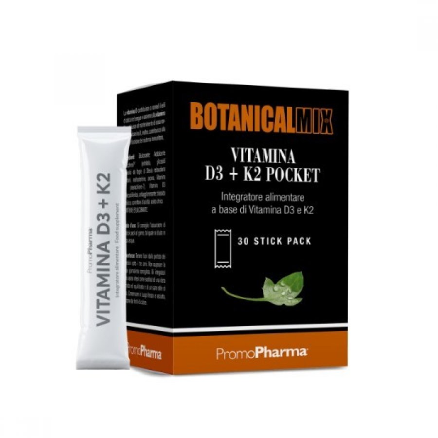 Botanical Mix - Vitamina D3 + K2 Pocket 30 Stick Pack da 1g, Integratore di Vitamina D3 e K2 in Pratiche Bustine