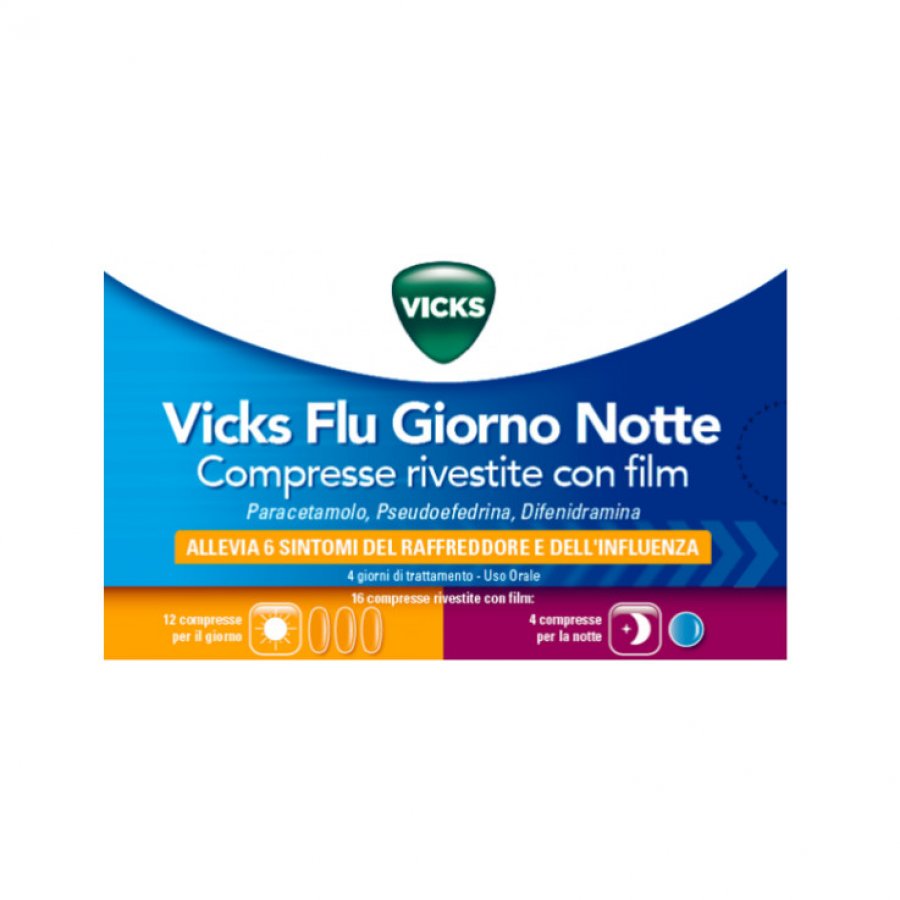 Vicks Flu - 12 Compresse Giorno + 4 Compresse Notte, Marca Vicks, Integratore Alimentare, Quantità 16 Compresse, Rimedio Influenzale