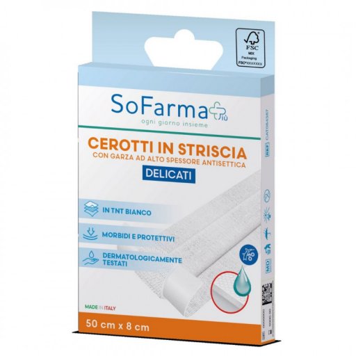 Sofarmapiù Cerotto Delicato Striscia 50x8cm con Strato Antiaderente - Protezione Sicura per Ferite Estese