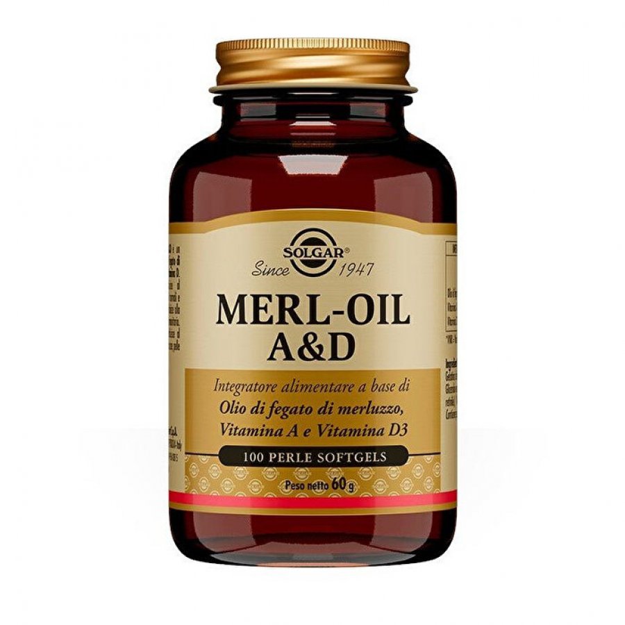 Solgar - Merl-Oil A&D 100 Perle Softgels - Integratore di Olio di Fegato di Merluzzo con Vitamine A e D