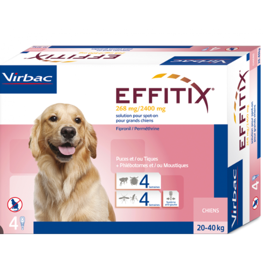 Effitix Spot-On Soluzione per Cani 4 Pipette da 4,40ml 20-40kg - Protezione Antiparassitaria per Cani con 268+2400mg di Efficacia