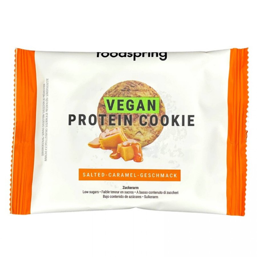 Foodspring Vegan Protein Cookie 50g Gusto Caramello Salato - Biscotto Proteico Vegano a Basso Contenuto di Zuccheri