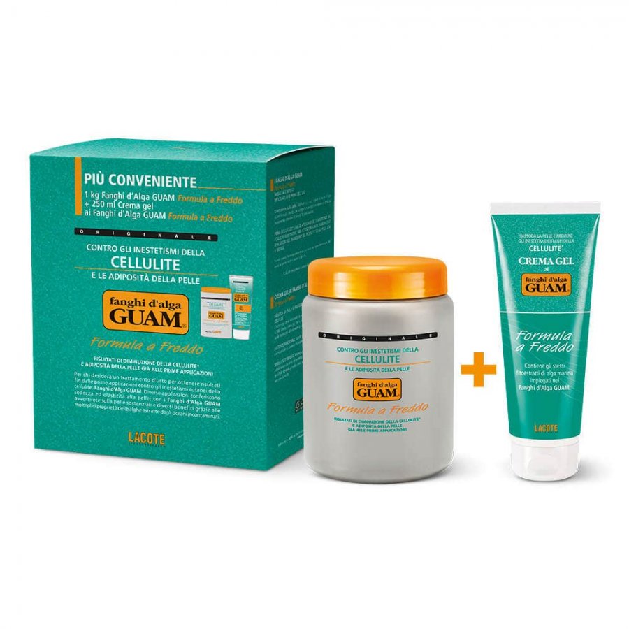 Guam - Fanghi d'Alga Anticellulite Formula a Freddo 1kg + Gel Anti-Cellulite 250ml - Trattamento Completo per la Cellulite