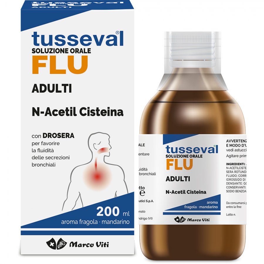 Tusseval Flu Soluzione Orale Adulti - Gusto Fragola e Mandarino, 200ml