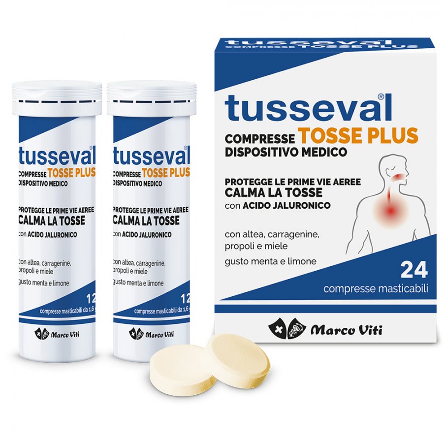 Tusseval Tosse Plus 24 Compresse Menta Limone - Rimedio Naturale per la Tosse con Gusto Fresco