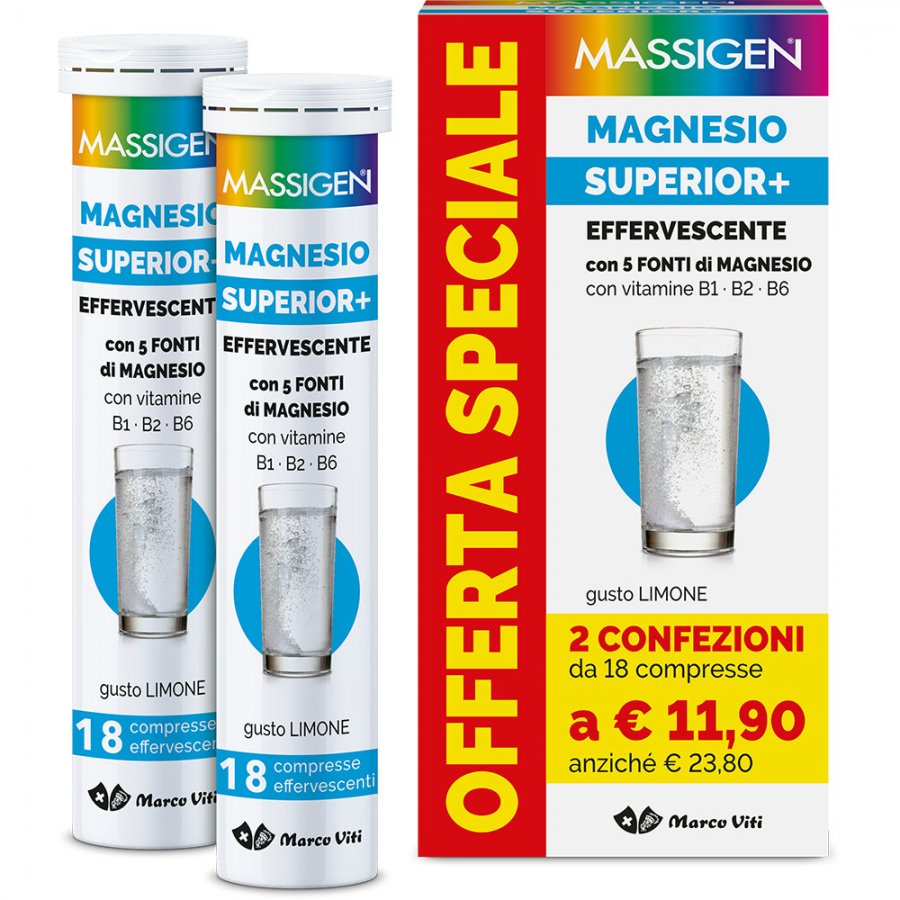 Massigen Magnesio Superior+ Effervescente 18 + 18 Compresse - Integratore di Magnesio e Minerali