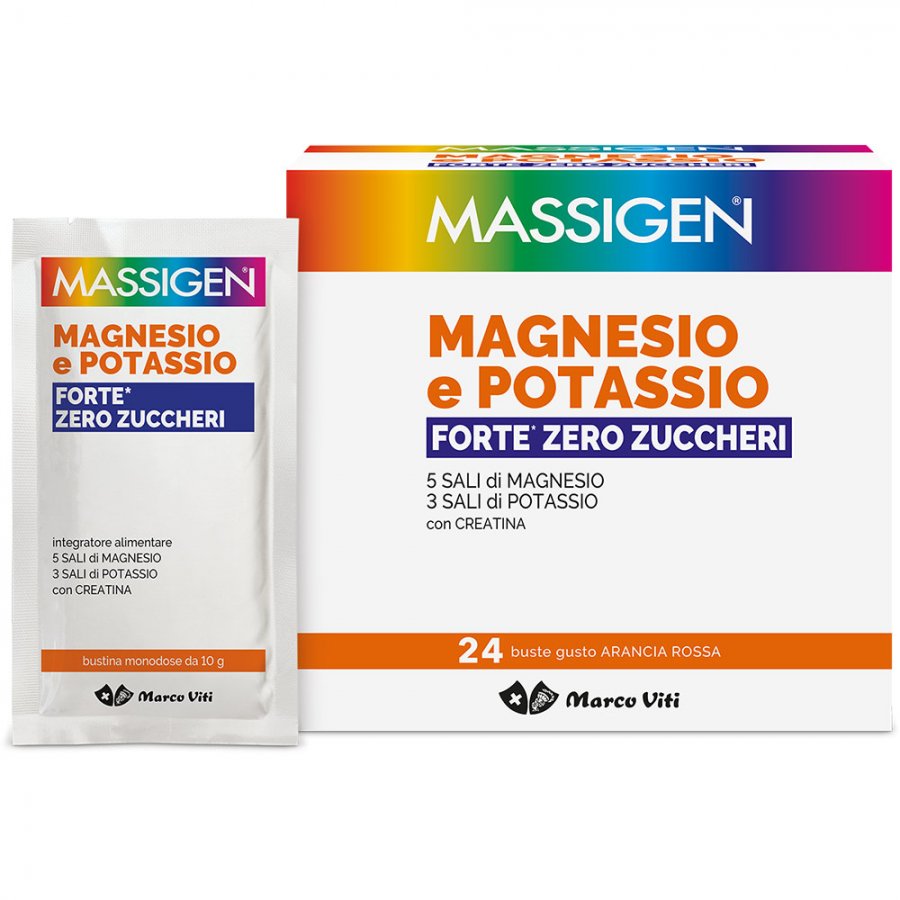 Massigen Magnesio Potassio Forte Zero Zuccheri 24 Bustine Gusto Arancia Rossa - Integratore per il Benessere Muscolare e Cardiovascolare