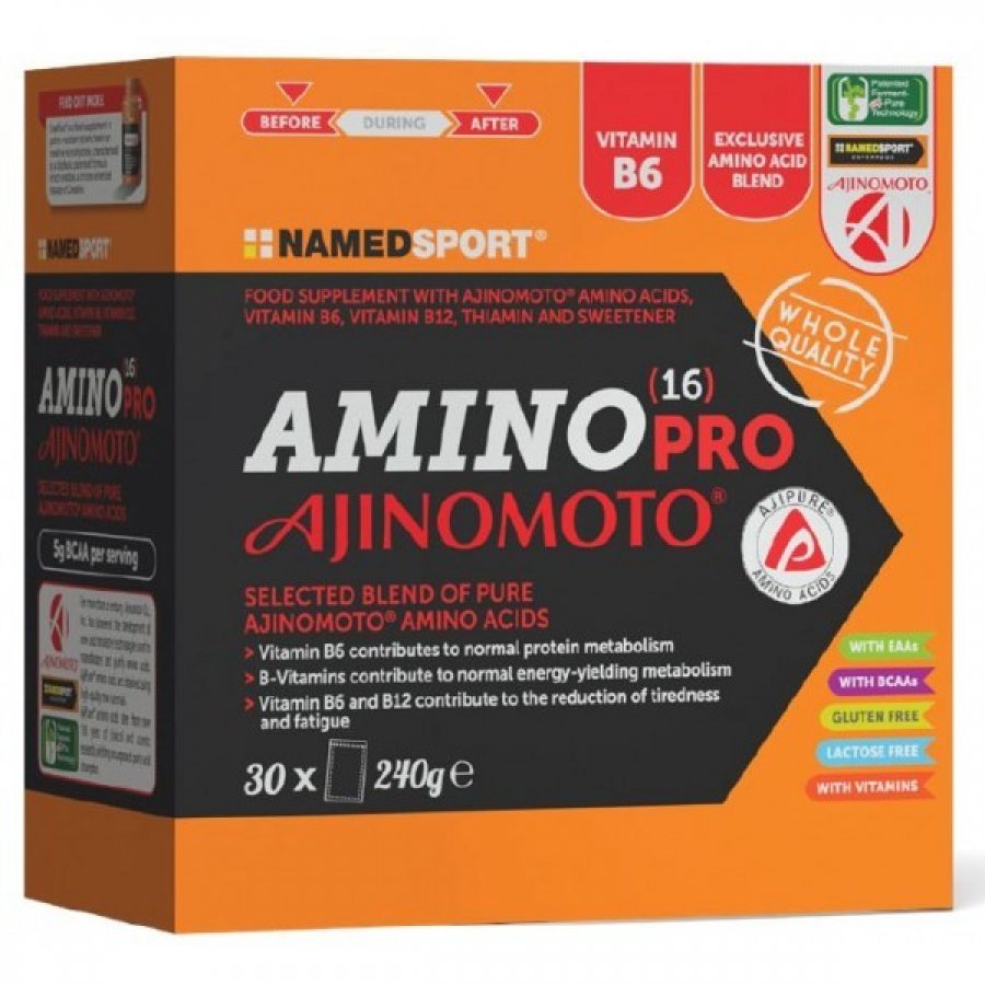 Named Sport - Amino Pro 16 Ajinomoto 30 Bustine - Integratore di Aminoacidi Essenziali per il Potenziamento delle Prestazioni Sportive