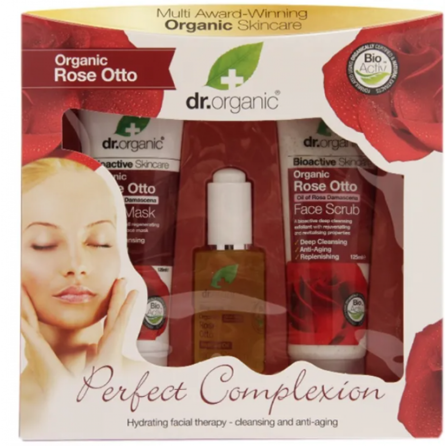 Dr Organic - Cofanetto Rose Perfect Complexion Face 3 pezzi - Set Viso per una Pelle Radiante