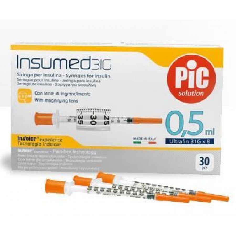 Pic - Insumed Siringa Insulina 0.5 Ml G30 8 Mm Confezione 30 Pezzi - Siringhe Sterili Monouso per Insulina