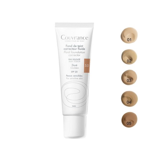 Avène Couvrance Fondotinta Correttore Fluido SPF20 Dorato 5.0, 30ml – Fondotinta per Pelli Sensibili, Correttore Imperfezioni, Protezione Solare