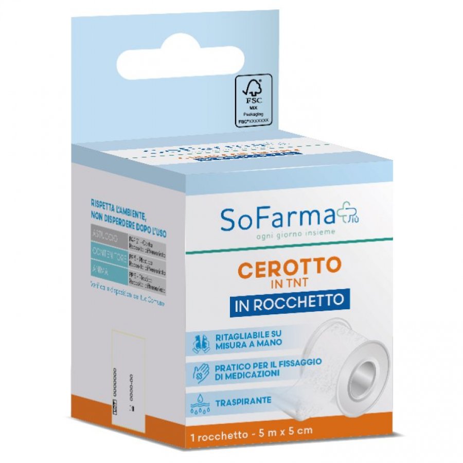 Sofarmapiù Cerotto Rocchetto TNT M5x2,5cm - 1 Rotolo, Pratico e Traspirante per Fissaggio Medicazioni