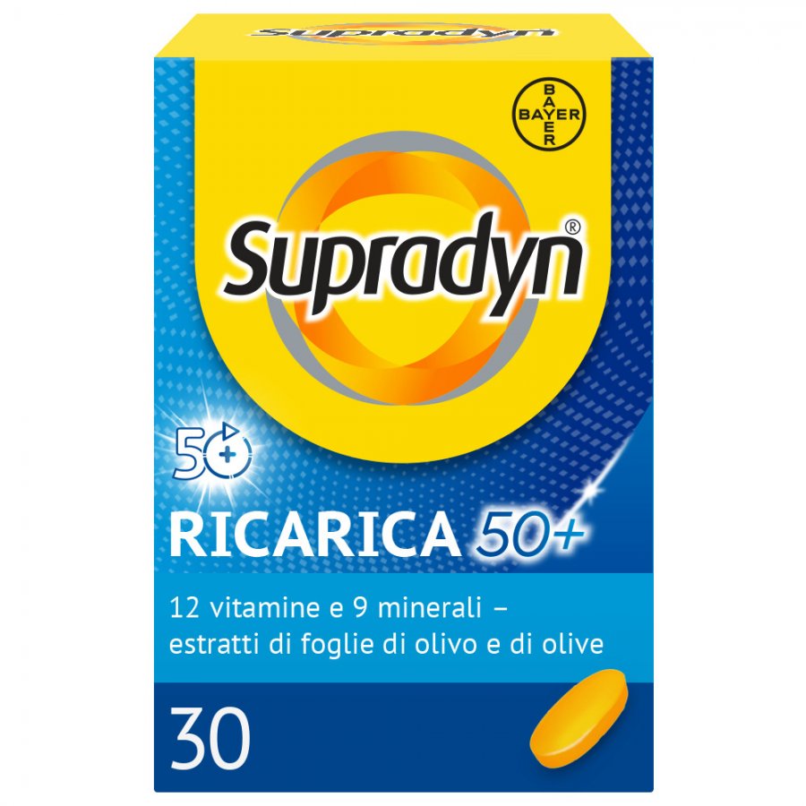 Supradyn Ricarica 50+ Integratore Alimentare Multivitaminico con Vitamine Minerali ed Estratti di Foglie di Olivo e Olive per Stanchezza Fisica e Affaticamento - 30 Compresse Rivestite