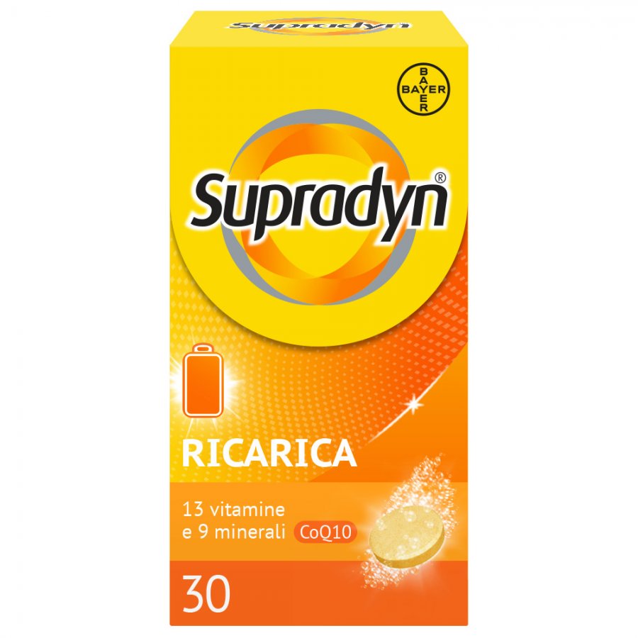 Supradyn Ricarica - Integratore Alimentare Multivitaminicocon Vitamine, Minerali e Coenzima Q10 per Stanchezza Fisica e Affaticamento - 30 Compresse Effervescenti Gusto Arancia