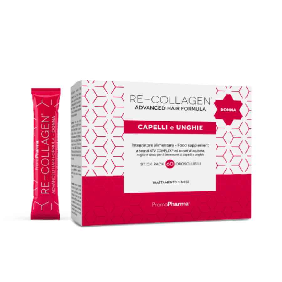 Re-Collagen Advanced Hair Formula Donna - Capelli e Unghie 60 Stick, Integratore per la Salute dei Capelli e delle Unghie