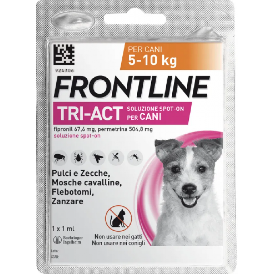 Frontline Tri-Act Spot-On Cani - 1 Pipetta da 1ml, Protezione Completa per Cani 5-10kg contro Zecche, Pulci e Zanzare