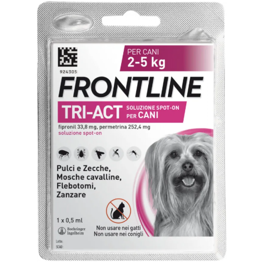 Frontline Tri-Act Spot-On Cani - 1 Pipetta da 0,5ml, Protezione Efficace per Cani 2-5kg contro Zecche, Pulci e Zanzare