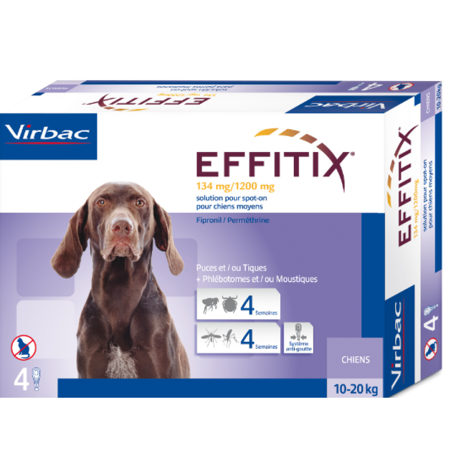 Effitix Spot-On Soluzione per Cani 4 Pipette da 2,20ml 10-20kg - Protezione Antiparassitaria per Cani con 134+1200mg di Efficacia
