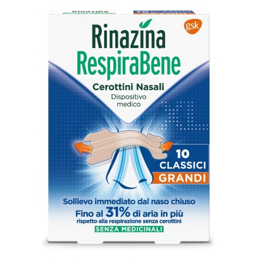 Rinazina RespiraBene Cerottini Nasali Classici Grandi 10 Pezzi - Decongestionante per il Raffreddore