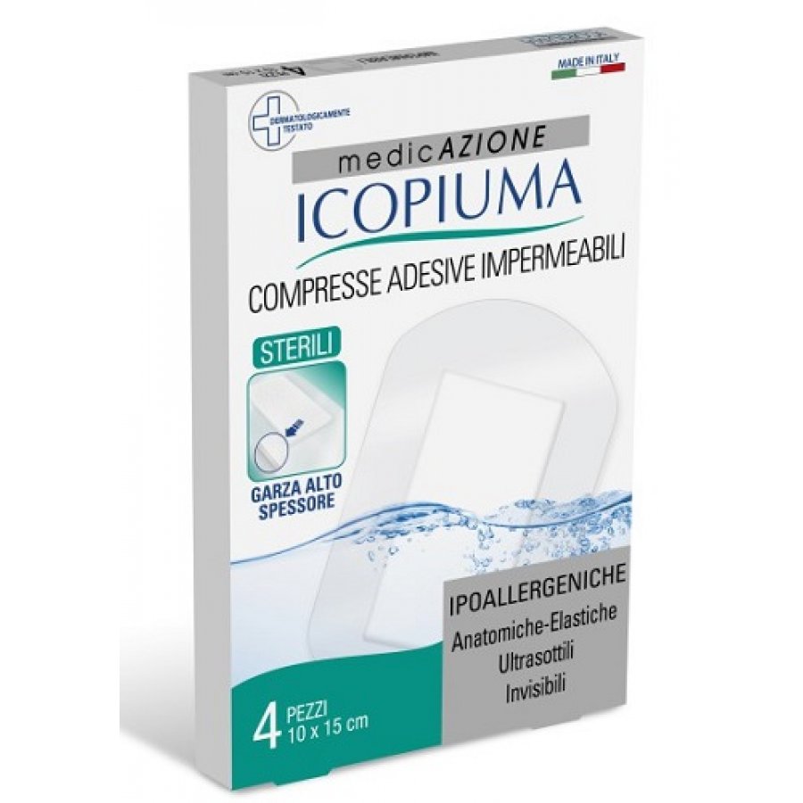 Icopiuma Compresse Adesive Impermeabili 10x15cm - Garza Antisettica Post-operatoria, 4 Pezzi