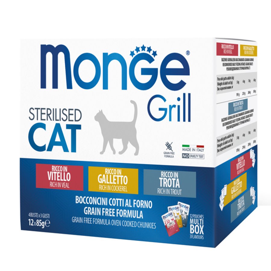 MONGE GATTO GRILL STERILISED GRAIN FREE BOCCONCINI VITELLO/GALLETTO/TROTA 12x85GR (bustina) MULTIPACK