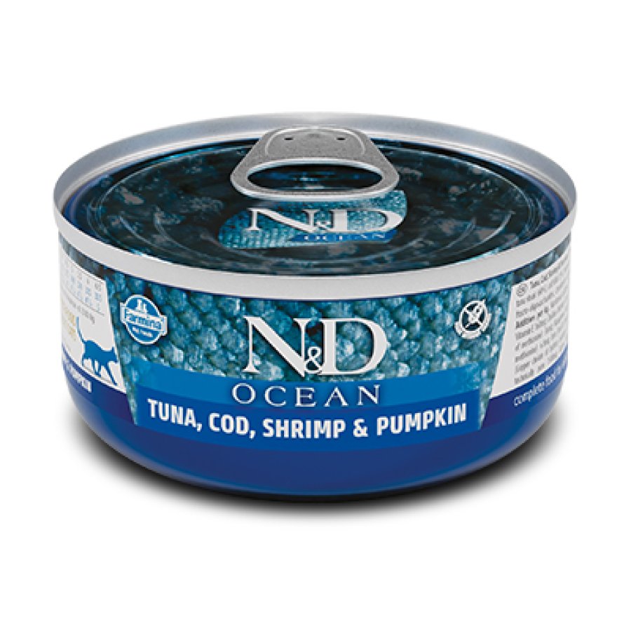 FARMINA N&D OCEAN GATTO KITTEN TONNO MERLUZZO GAMBERETTI ZUCCA 70GR (lattina)