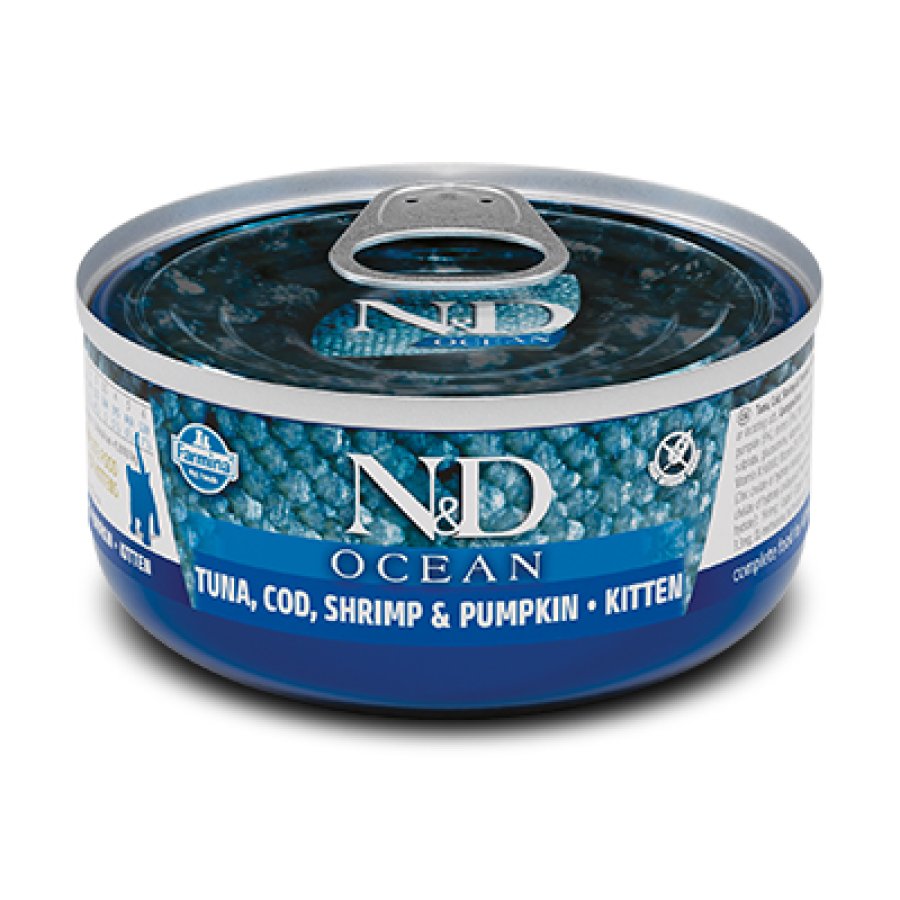 FARMINA N&D OCEAN GATTO ADULT TONNO MERLUZZO GAMBERETTI ZUCCA 70GR (lattina)