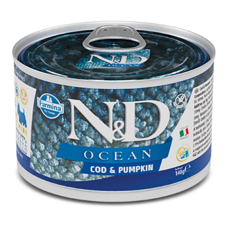 FARMINA N&D OCEAN CANE MINI ADULT MERLUZZO ZUCCA 140GR (lattina)