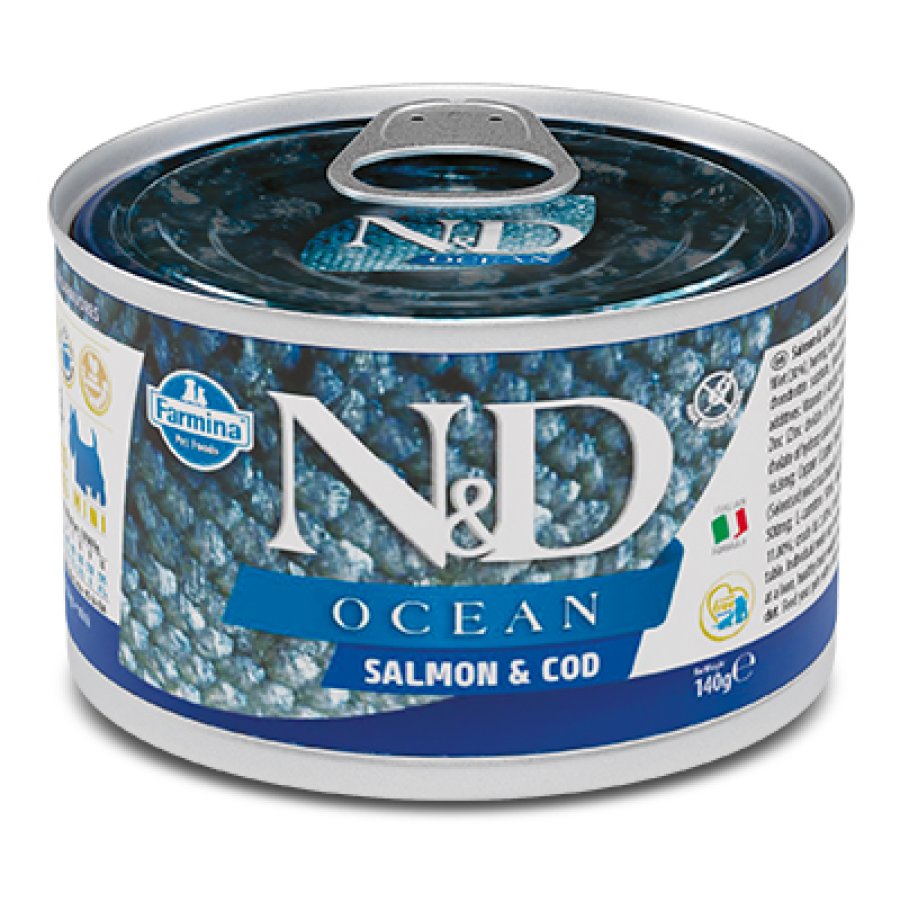 FARMINA N&D OCEAN CANE MINI ADULT SALMONE MERLUZZO 140GR (lattina)